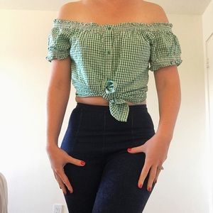 Green Gingham peasant pinup top